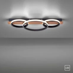 LED Deckenleuchte, Holzdekor, 3 Ringe, schwarz, modern
