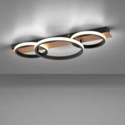 LED Deckenleuchte, Holzdekor, 3 Ringe, schwarz, modern