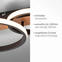 LED Deckenleuchte, Holzdekor, 3 Ringe, schwarz, modern