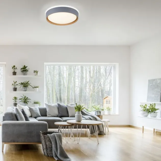 LED Deckenleuchte Holzoptik grau rund dimmbar Wandschalter energiesparend