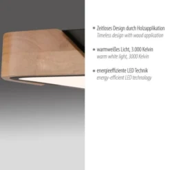LED Deckenleuchte quadratisch schwarz mit Holzdekor zeitloses Design