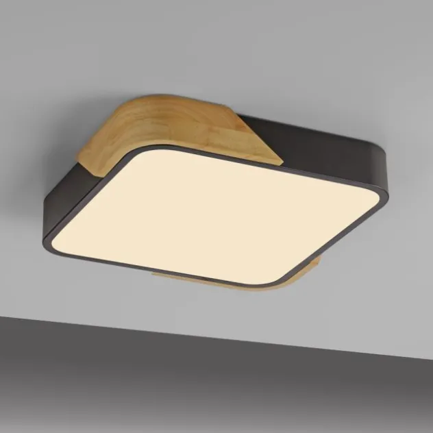 LED Deckenleuchte quadratisch schwarz mit Holzdekor zeitloses Design