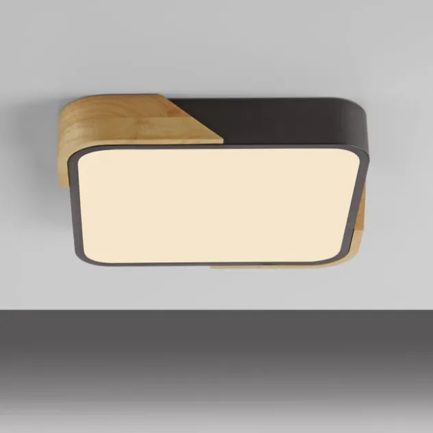 LED Deckenleuchte quadratisch schwarz mit Holzdekor zeitloses Design