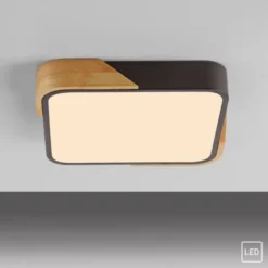 LED Deckenleuchte quadratisch schwarz mit Holzdekor zeitloses Design