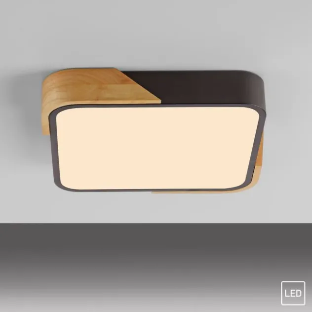 LED Deckenleuchte quadratisch schwarz mit Holzdekor zeitloses Design