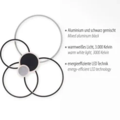 LED Deckenleuchte rund mit 6 Lichtkreisen schwarz aluminium warmweiß
