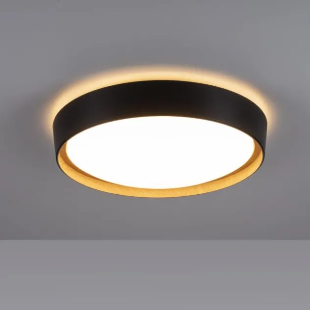 LED Deckenleuchte, rund, schwarz, dimmbar, Holzoptik, warmweiß, Deckenlampe