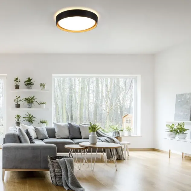 LED Deckenleuchte, rund, schwarz, dimmbar, Holzoptik, warmweiß, Deckenlampe