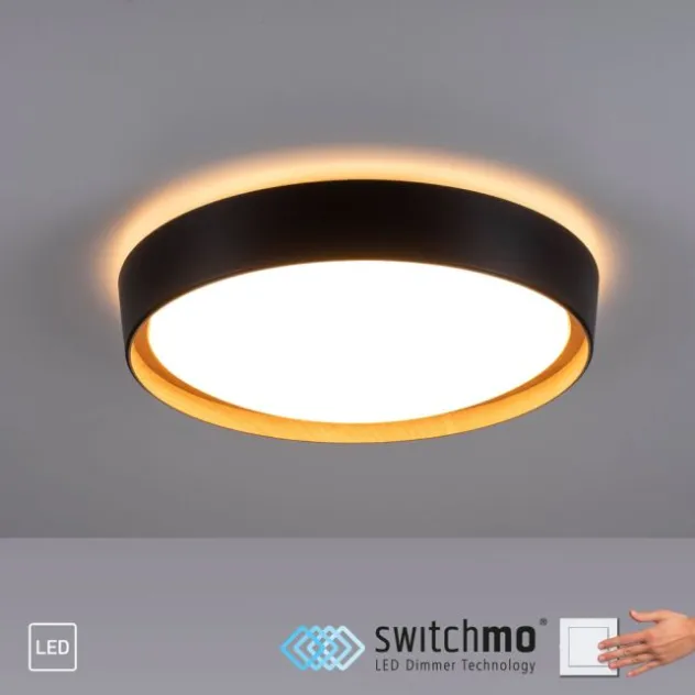 LED Deckenleuchte, rund, schwarz, dimmbar, Holzoptik, warmweiß, Deckenlampe