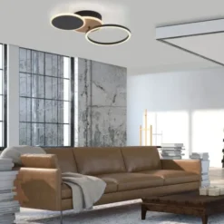 LED Deckenleuchte rund schwarz mit Holzdekor schwenkbar modern
