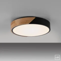 LED Deckenleuchte rund schwarz mit Holzdekor zeitloses Design