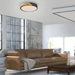 LED Deckenleuchte rund schwarz mit Holzdekor zeitloses Design