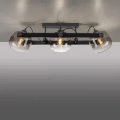 LED Deckenleuchte schwarz 3 flammig Holz Rauchglas Retro Look