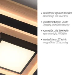 LED Deckenleuchte schwarz Holzoptik mit Metall getrennt schaltbar
