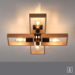 LED Deckenleuchte, schwarz, Holzrahmen, Metall, 4 flammige Deckenlampe