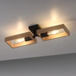 LED Deckenleuchte, schwarz, Holzrahmen, Metall, 2 flammige Deckenlampe