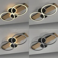 LED Deckenleuchte schwarz mit Holz warmweiß Schlafzimmer Leuchtringe