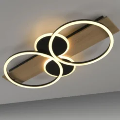 LED Deckenleuchte schwarz mit Holz warmweiß Schlafzimmer Leuchtringe