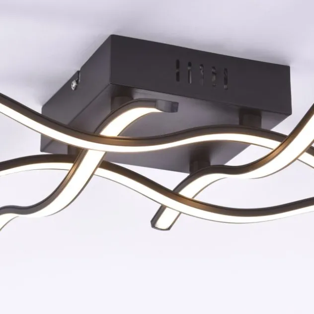 LED-Deckenleuchte, schwarz, quadratisch, 4 Leuchtarme, Wellenform, modern