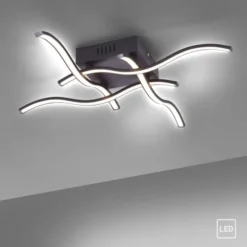 LED-Deckenleuchte, schwarz, quadratisch, 4 Leuchtarme, Wellenform, modern