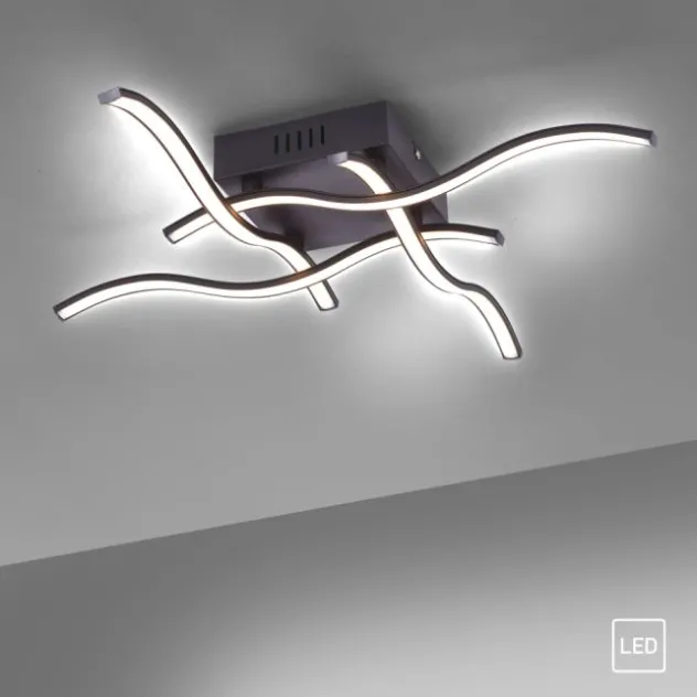 LED-Deckenleuchte, schwarz, quadratisch, 4 Leuchtarme, Wellenform, modern