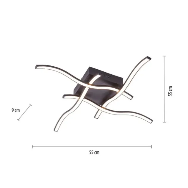 LED-Deckenleuchte, schwarz, quadratisch, 4 Leuchtarme, Wellenform, modern
