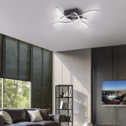 LED-Deckenleuchte, schwarz, quadratisch, 4 Leuchtarme, Wellenform, modern