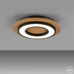 LED Deckenleuchte schwarz rund Metall und Holzdekor 3000K warmweiß