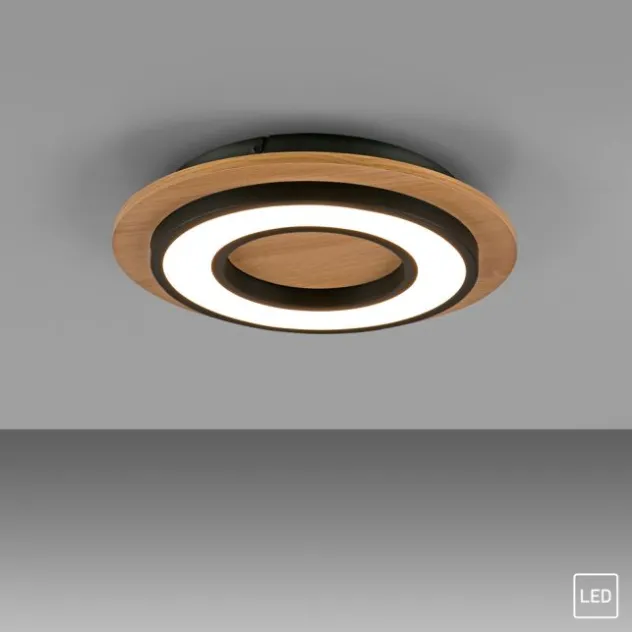 LED Deckenleuchte schwarz rund Metall und Holzdekor 3000K warmweiß