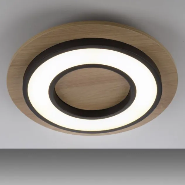 LED Deckenleuchte schwarz rund Metall und Holzdekor 3000K warmweiß