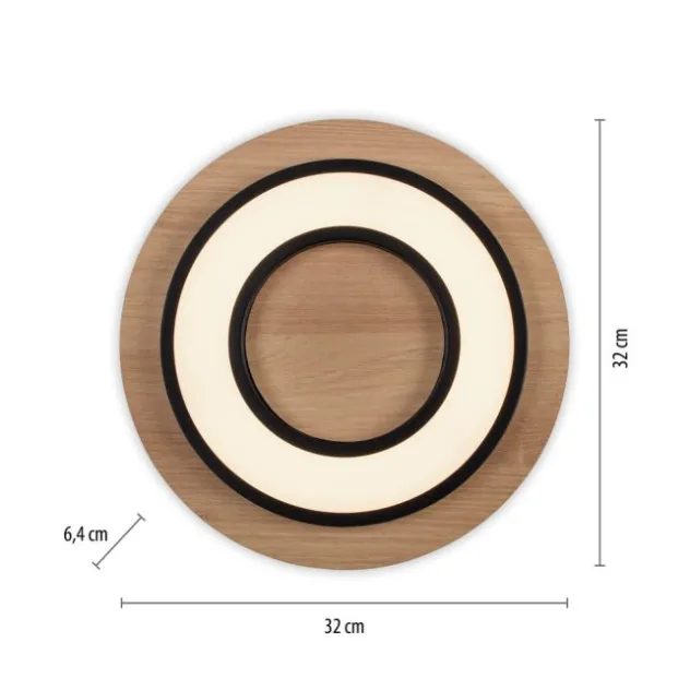 LED Deckenleuchte schwarz rund Metall und Holzdekor 3000K warmweiß