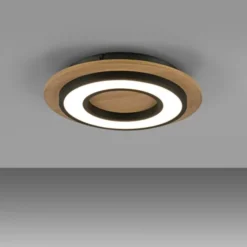 LED Deckenleuchte schwarz rund Metall und Holzdekor 3000K warmweiß