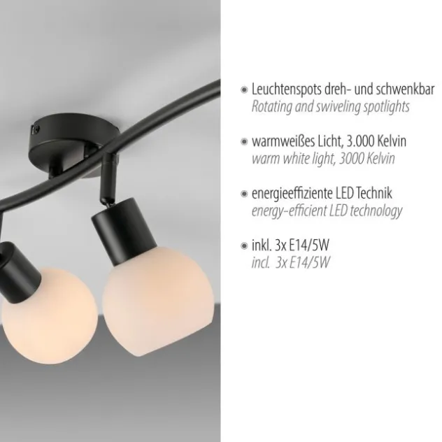 LED Deckenleuchte schwarz Spots 3 flammig drehbar schwenkbar Opalglas
