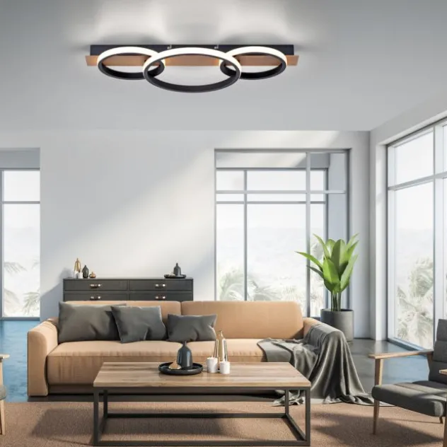 LED Deckenleuchte 68x30cm Holzoptik ring Holdekor schwarz warmweiß Licht