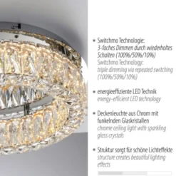 LED Kronleuchter Deckenlampe chrom Kristallanhänger 3-Stufen-Dimmer