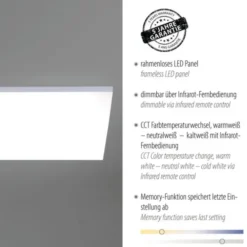 LED-Panel, weiß, rahmenlos, 62x62cm, CCT, dimmbar, Fernbedienung, blendfrei