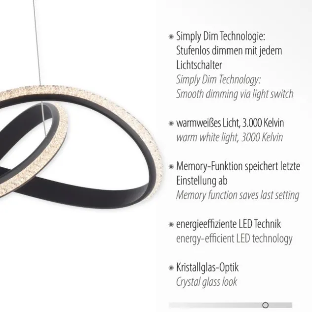 LED Pendellampe BRILLA schwarz geschwungen dimmbar Kristallglas Optik
