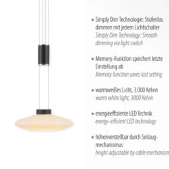 LED Pendellampe 1 flammig rund schwarz dimmbar höhenverstellbar