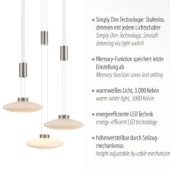 LED Pendellampe 3 flammig rund silber farbig dimmbar höhenverstellbar
