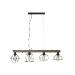 LED Pendellampe höhenverstellbar 4 flammig Holzdekor schwarze Metallschirme