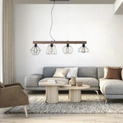 LED Pendellampe höhenverstellbar 4 flammig Holzdekor schwarze Metallschirme