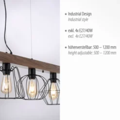 LED Pendellampe höhenverstellbar 4 flammig Holzdekor schwarze Metallschirme