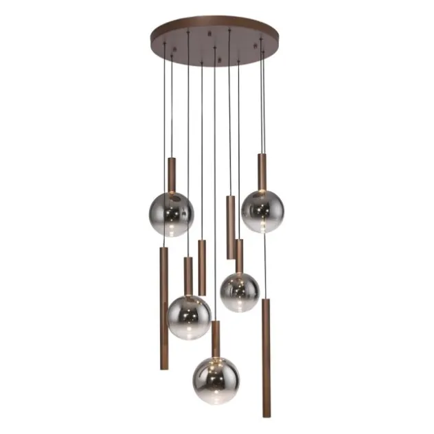 LED Pendelleuchte BOWL, braun, rund, 9-flammig, dimmbar, höhenverstellbar