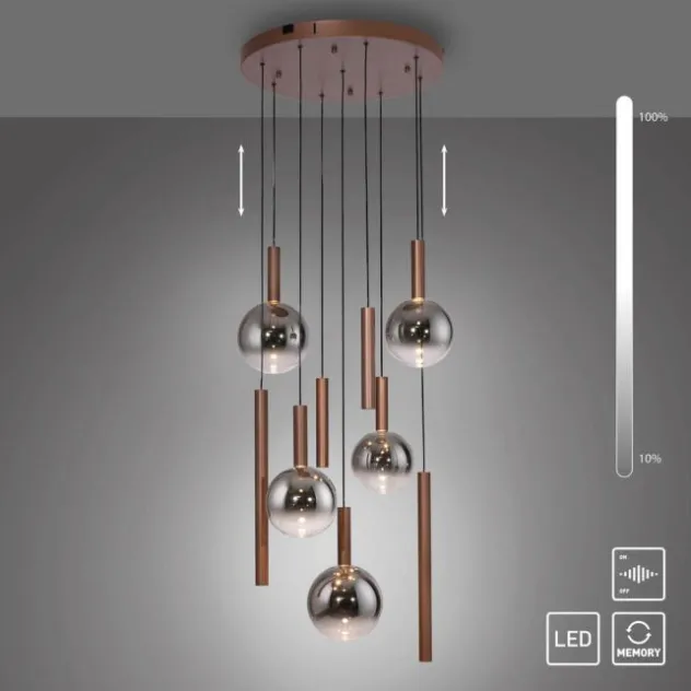 LED Pendelleuchte BOWL, braun, rund, 9-flammig, dimmbar, höhenverstellbar