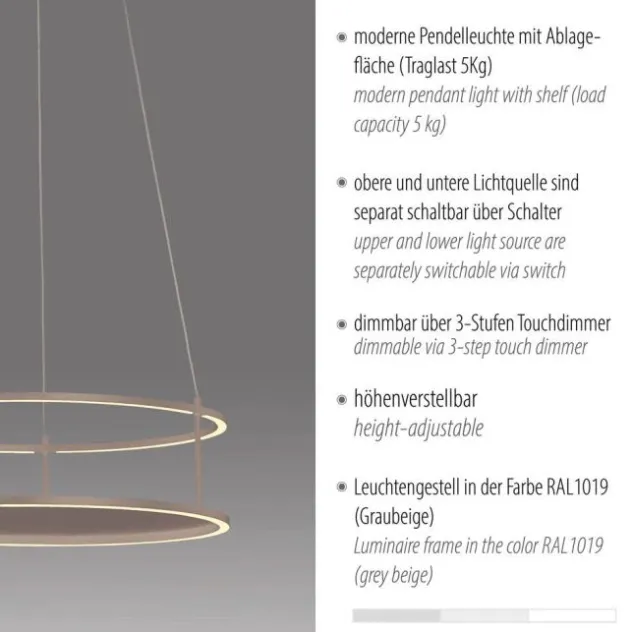 LED Pendelleuchte CONNI sandfarben, rund, Touchdimmer, Deko Tragfläche