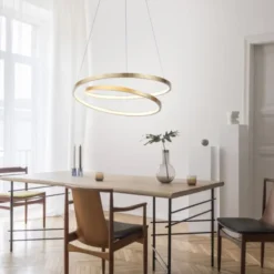 LED-Pendelleuchte gold geschwungener Leuchtring, Dimmfunktion, modern