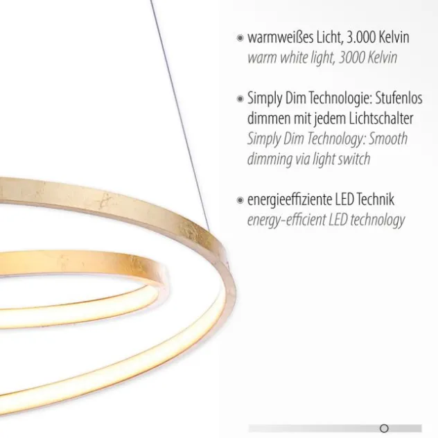LED-Pendelleuchte gold geschwungener Leuchtring, Dimmfunktion, modern