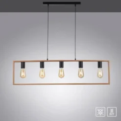 LED Pendelleuchte, schwarz, Esstisch, Holzrahmen, Metall, 5 flammige Pendellampe