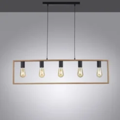 LED Pendelleuchte, schwarz, Esstisch, Holzrahmen, Metall, 5 flammige Pendellampe