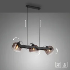 LED Pendelleuchte schwarz 3 flammig Holz Rauchglas höhenverstellbar